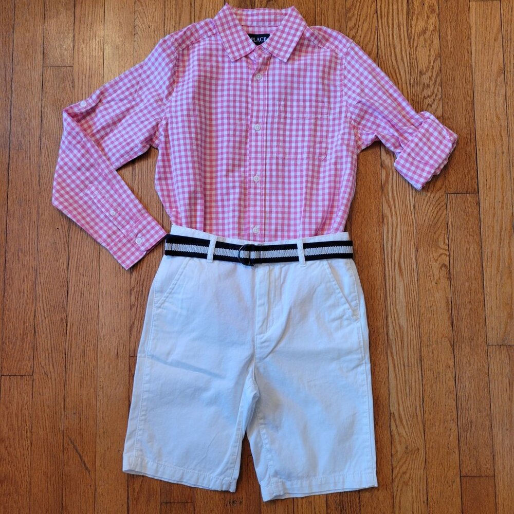 Childrens Place Boys Pink Gingham Shirt White Shorts‎ Belt Set 10 12